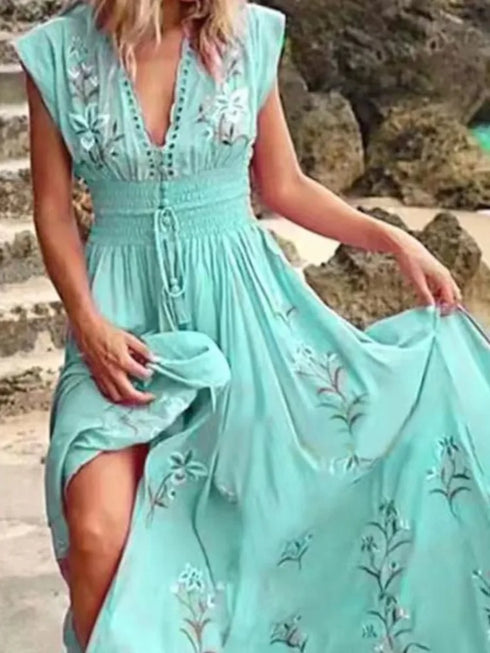 Elegant V Neck Sleeveless Floral Beach Dress for Women Casual Spring Summer Bohemian Style